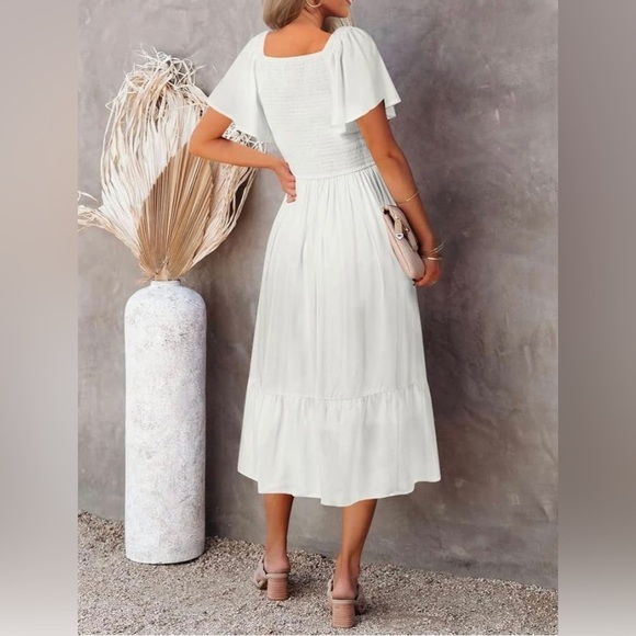 MEROKEETY Casual V Neck Ruffle Sleeve Smocked High Waist Midi Dress With Pockets - Picture 3 of 5